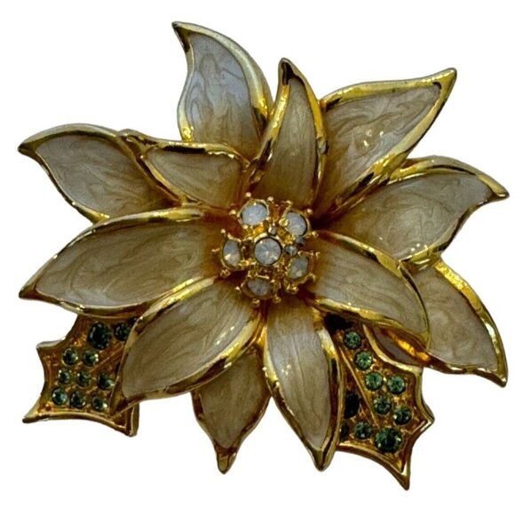 Nolan Miller Jewelry - Nolan Miller Poinsettia Christmas Brooch Pin Enamel Rhinestones Fashion Jewelry